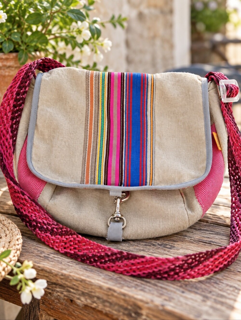Ronald Furst Design Boho Canvas Crossbody Bag Multicolor Stripe Pink Woven Strap